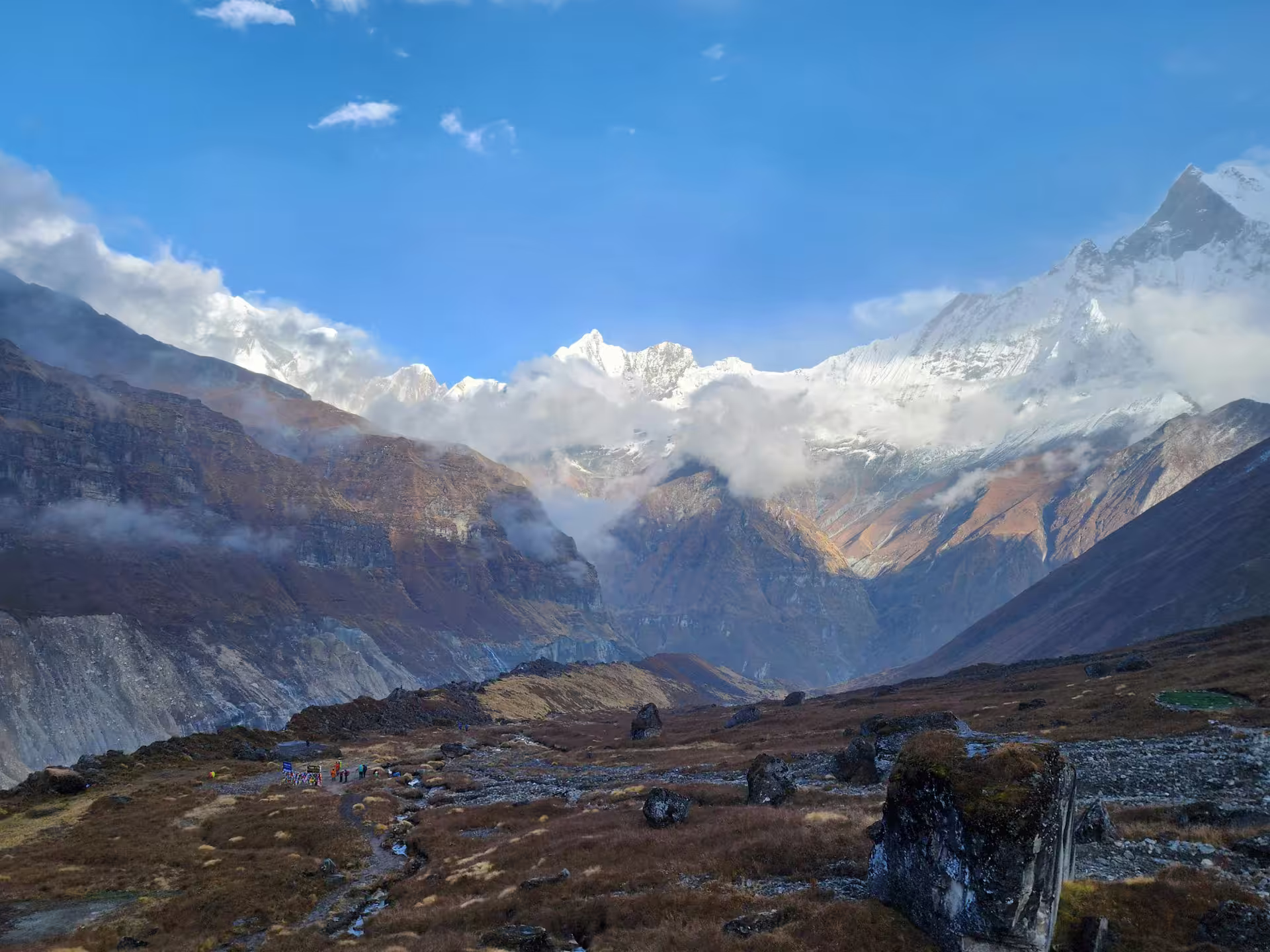 Green hills with high Himalayan mountains on the horizon