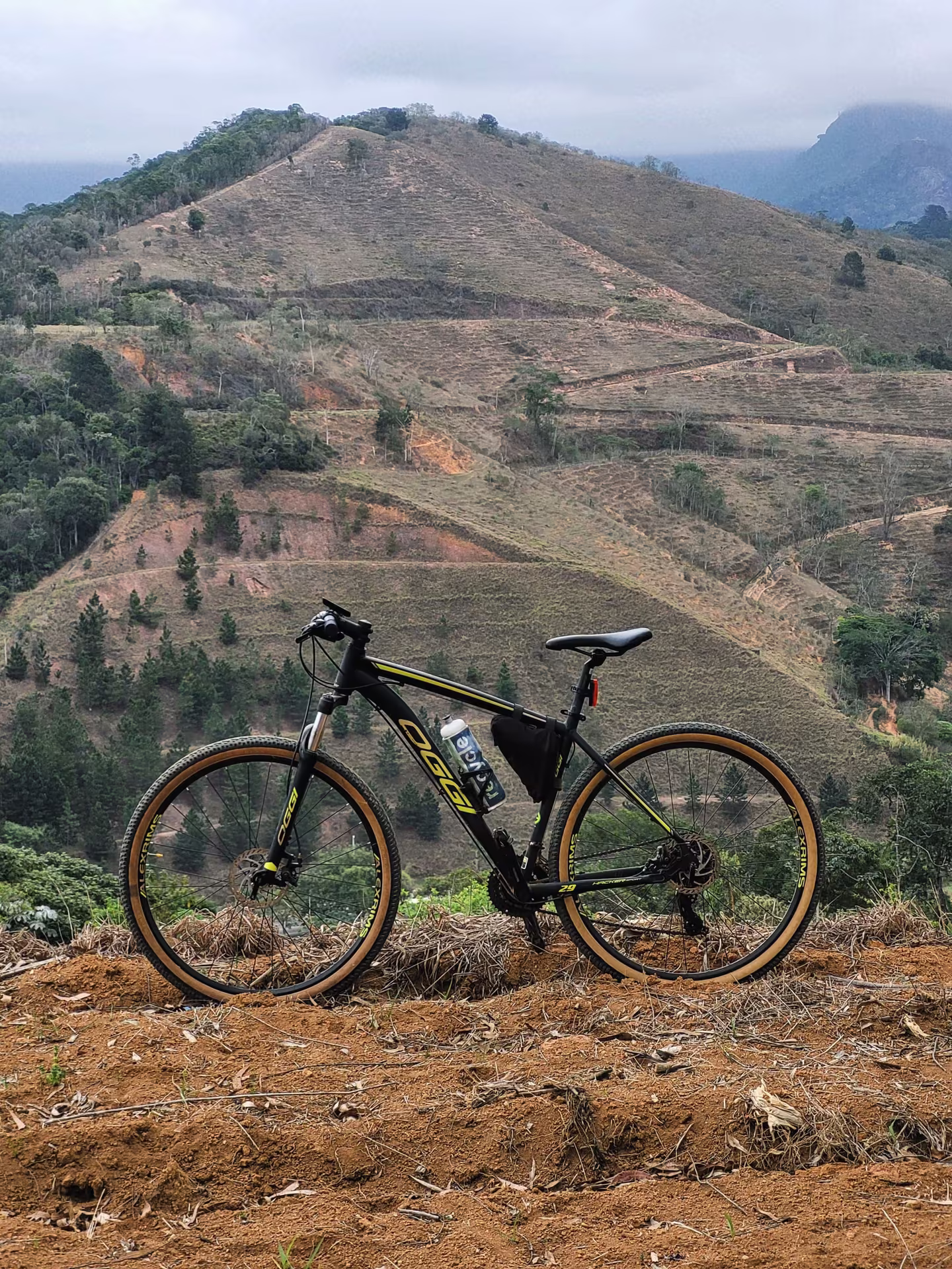 A mountain bike on a trail above terraced farmland and green hills